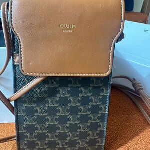 Celine Brown and Black Triomphe Logo phone Crossbody bag